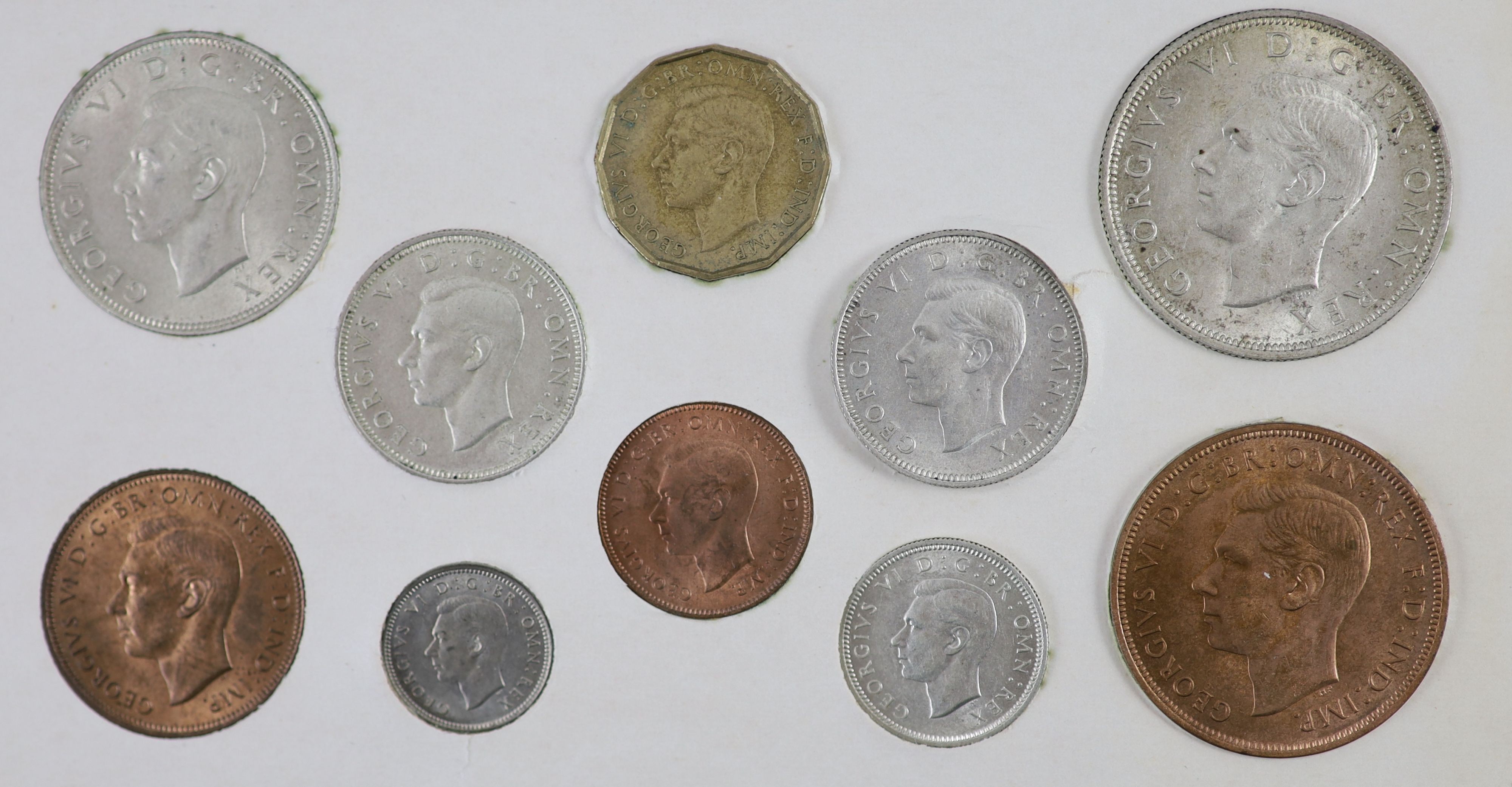 George VI specimen coin sets for 1938, 1939, 1940, 1941, 1942 and 1943, first coinage, the majority about EF or better